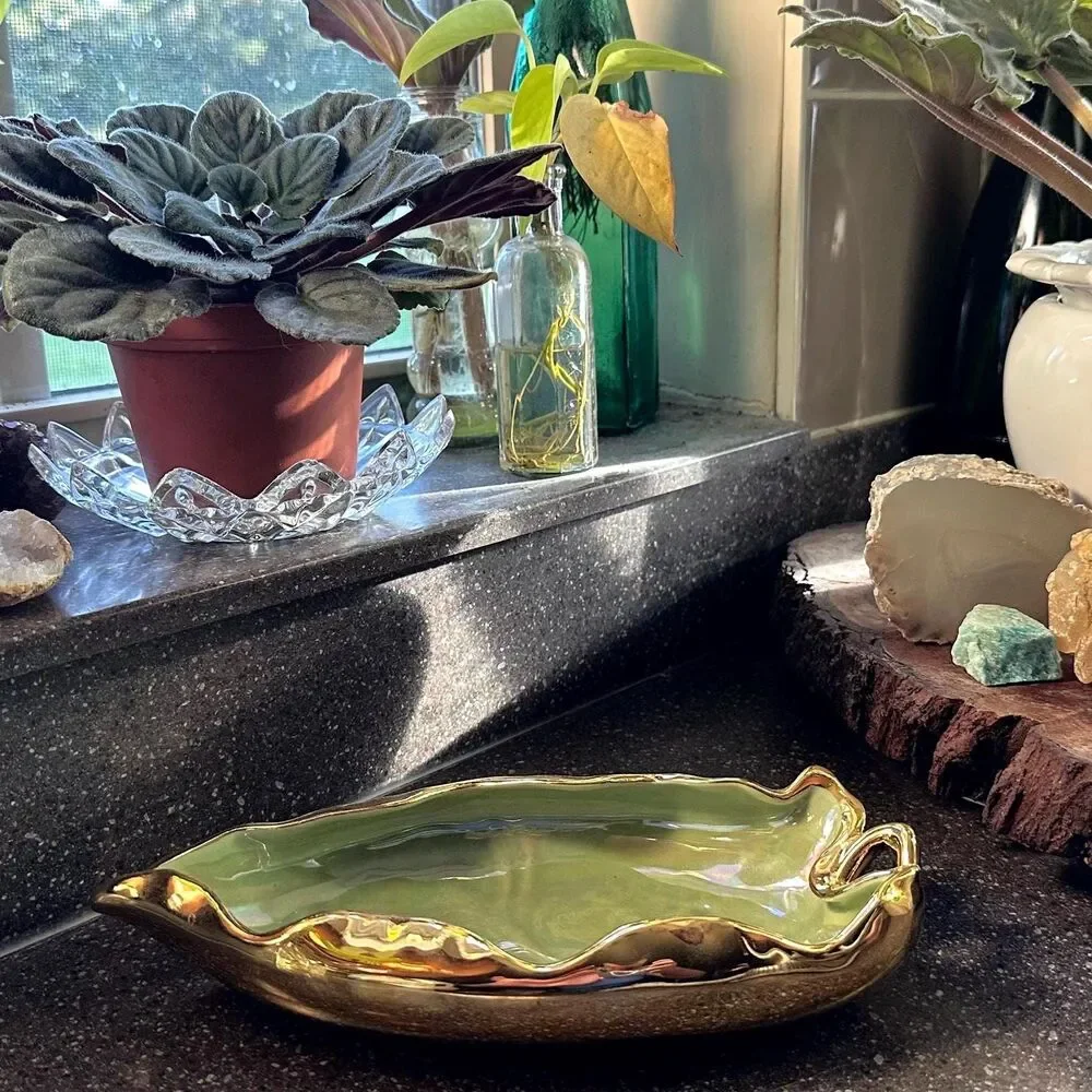 Vintage Leaf Dish Green & Gold | Botanical Trinket Tray | Cottagecore Jewelry Ho